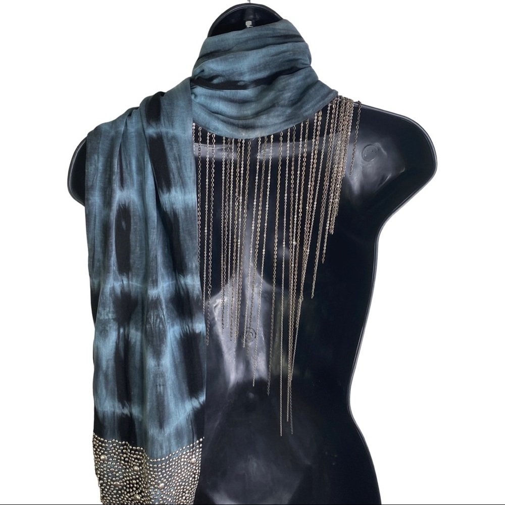 Tolani Blue Tie-Dye Studded Chain Fringe Scarf